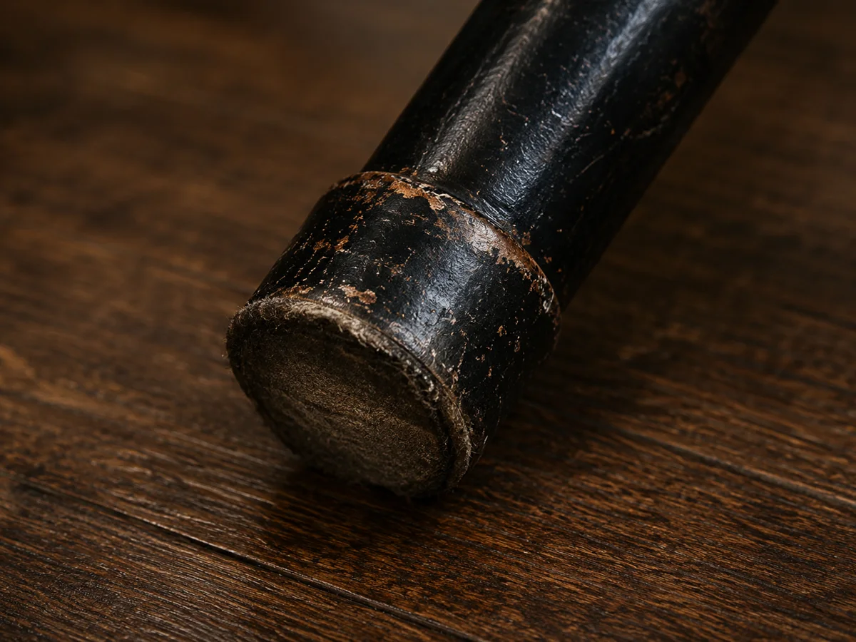 The foot of a black bar stool leg with the glide worn down to matted fibre