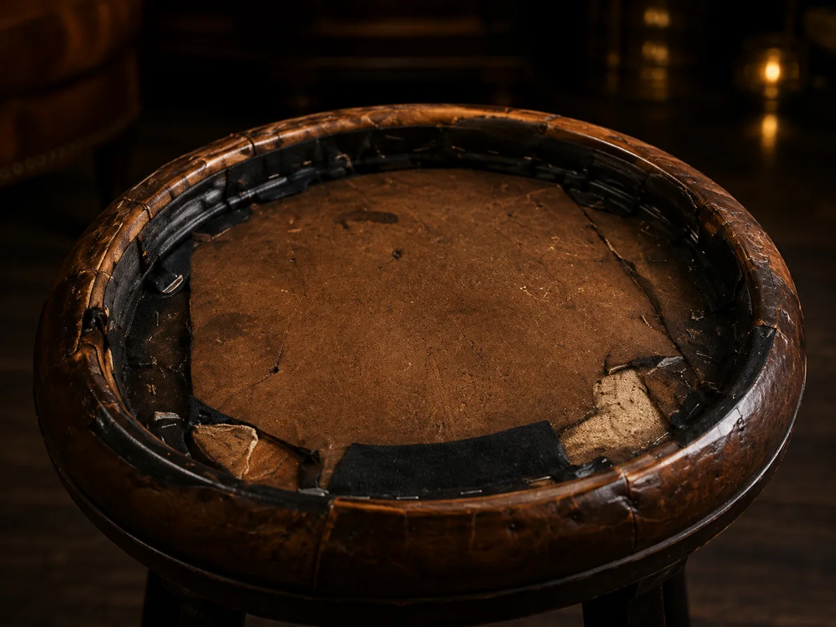The underside of a stool seat with the cover off, showing the bare wooden seat pan and torn black webbing