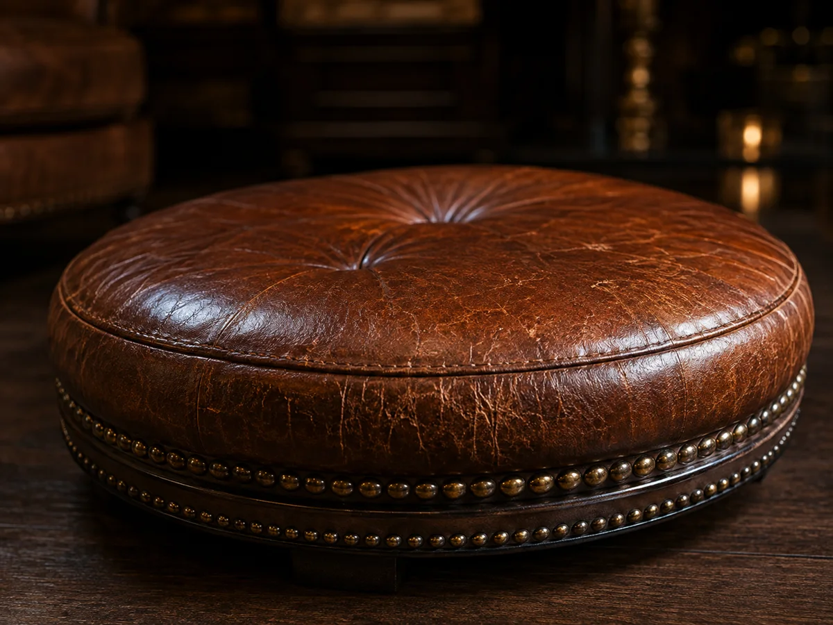 Round brown leather bar stool top with brass nailhead trim, cracked and worn across the crown