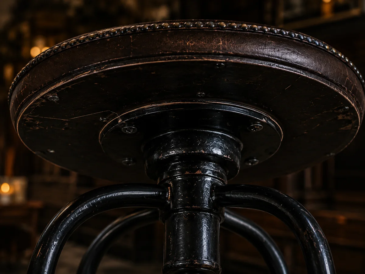 The swivel plate bolted to the underside of a black bar stool seat above the column