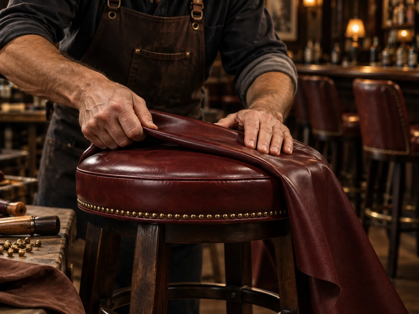A new cover being fitted to a stool seat