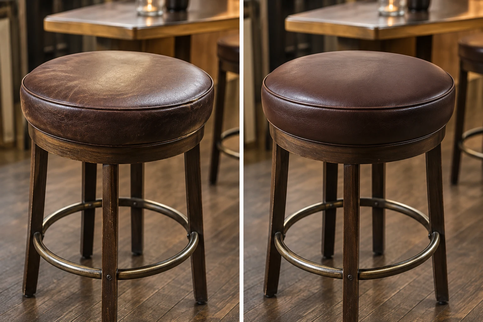 Bar stool seat before and after new foam and a recoloured leather top