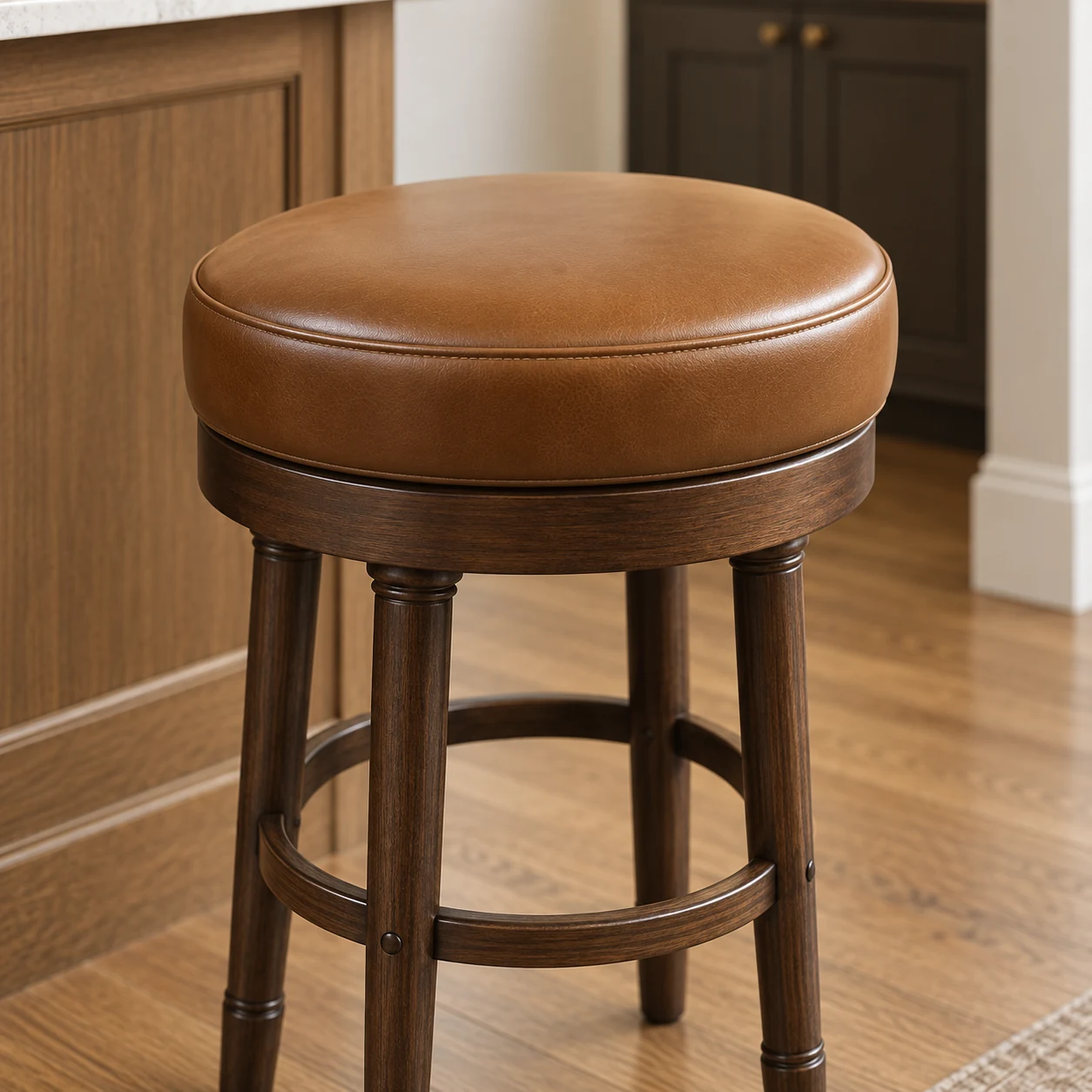 Round brown leather bar stool seat on a swivel base