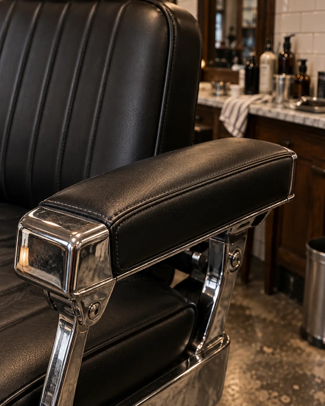 A black vinyl arm pad on a chrome barber chair arm