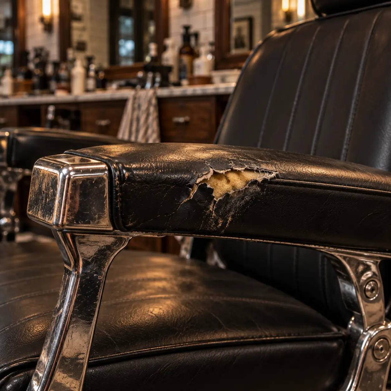 A split and worn barber chair arm pad