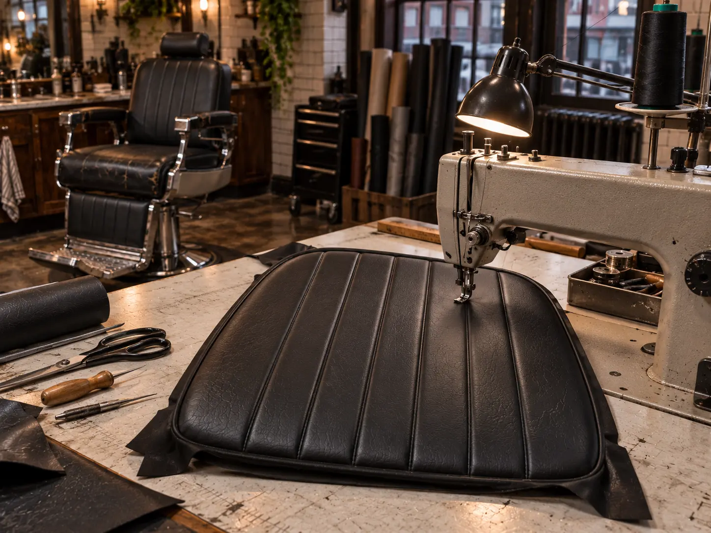 A new black vinyl barber chair back cover with sewn channels