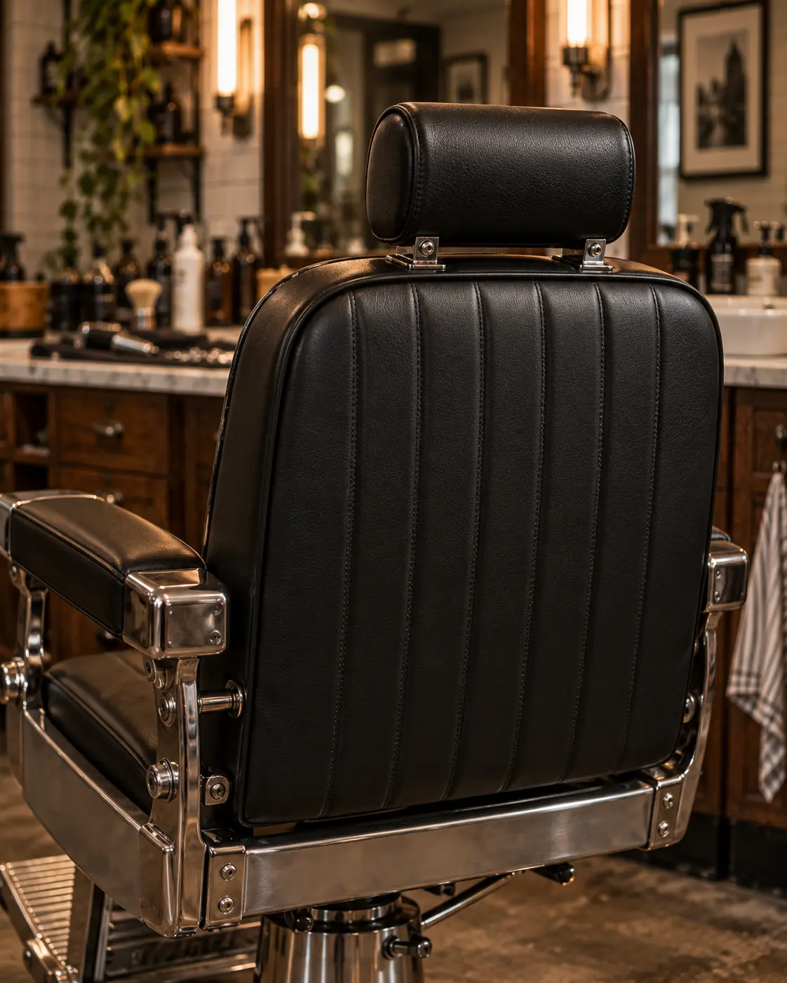 A channel-stitched black barber chair backrest