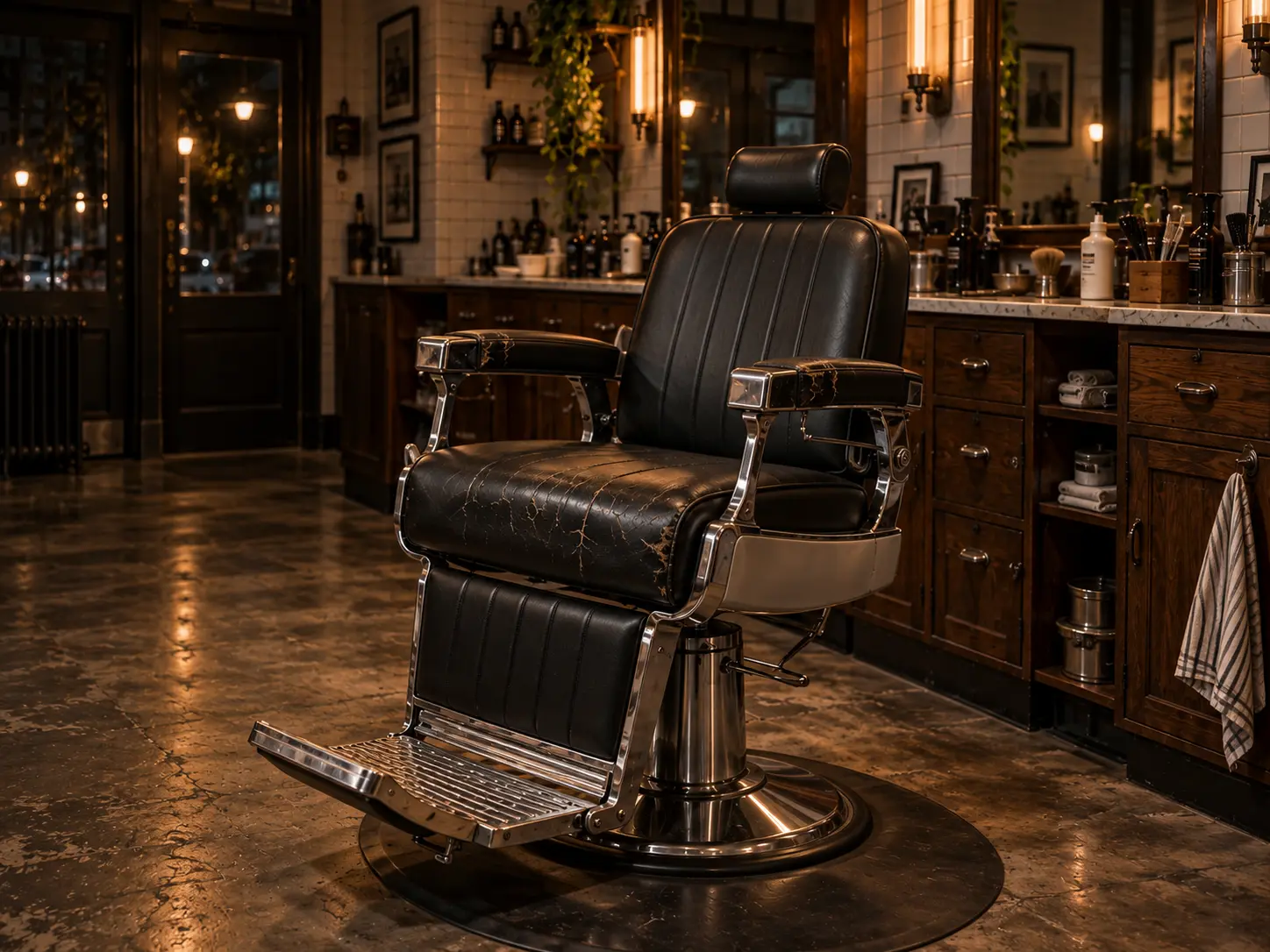 A black barber chair with a cracked seat at its station after closing