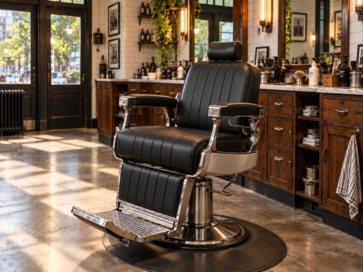 The black barber chair fully recovered and back at its station