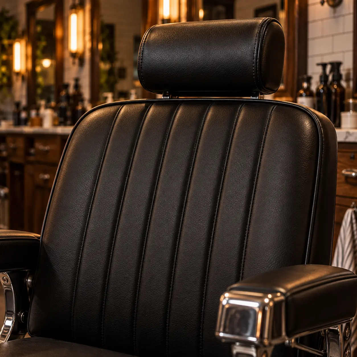 A black tuck-and-roll channel barber chair back