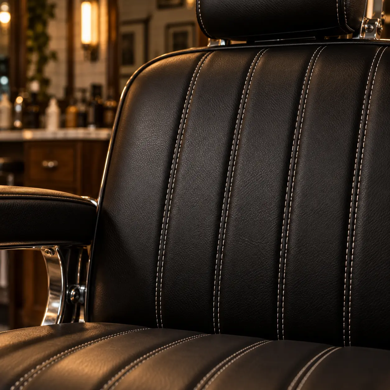 White contrast stitching on black barber chair vinyl