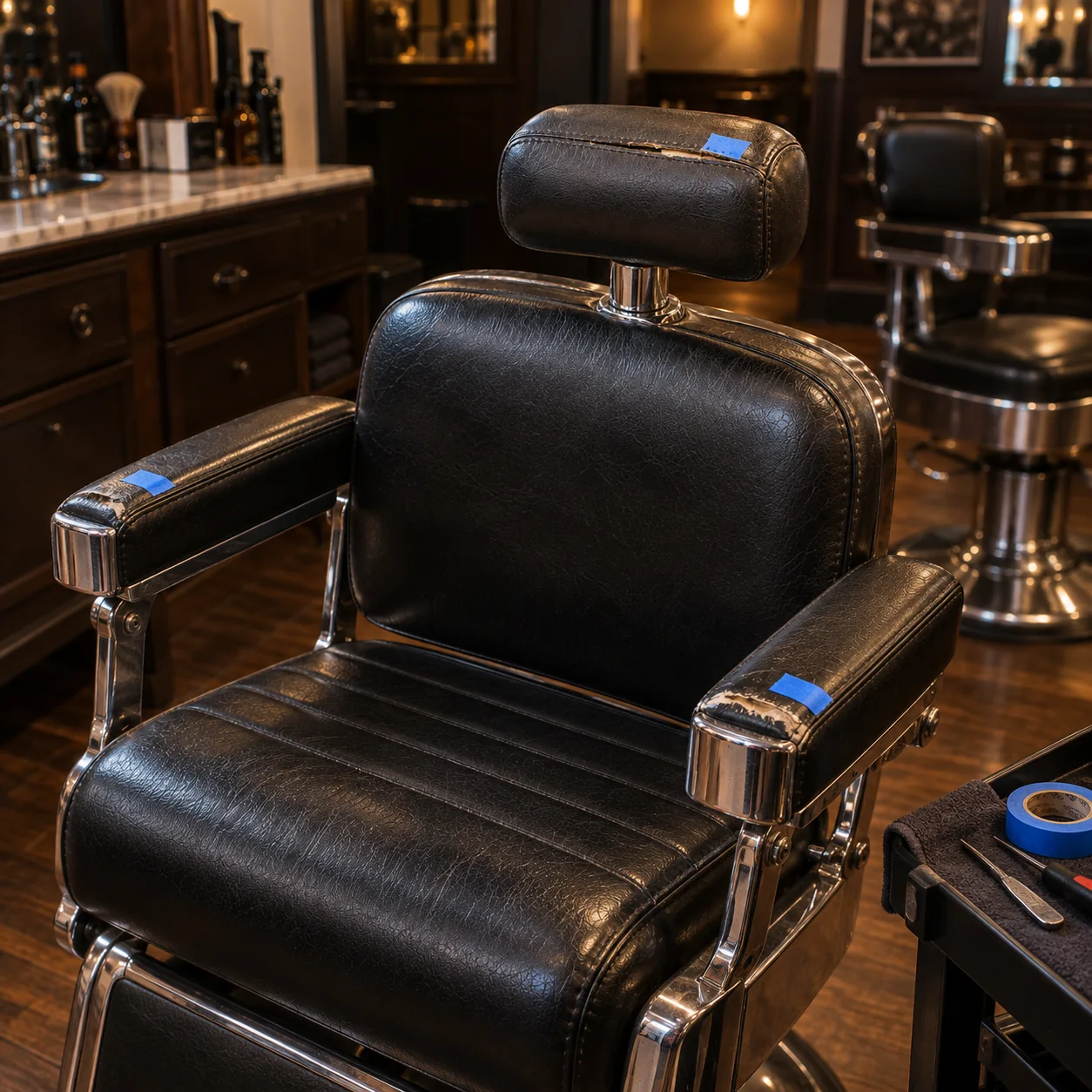 Damage marked up with tape on a barber chair