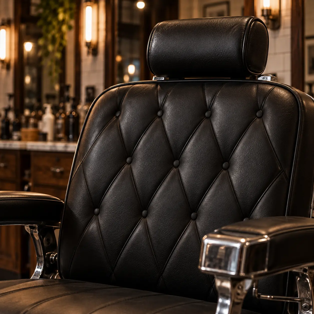 A diamond-tufted barber chair back