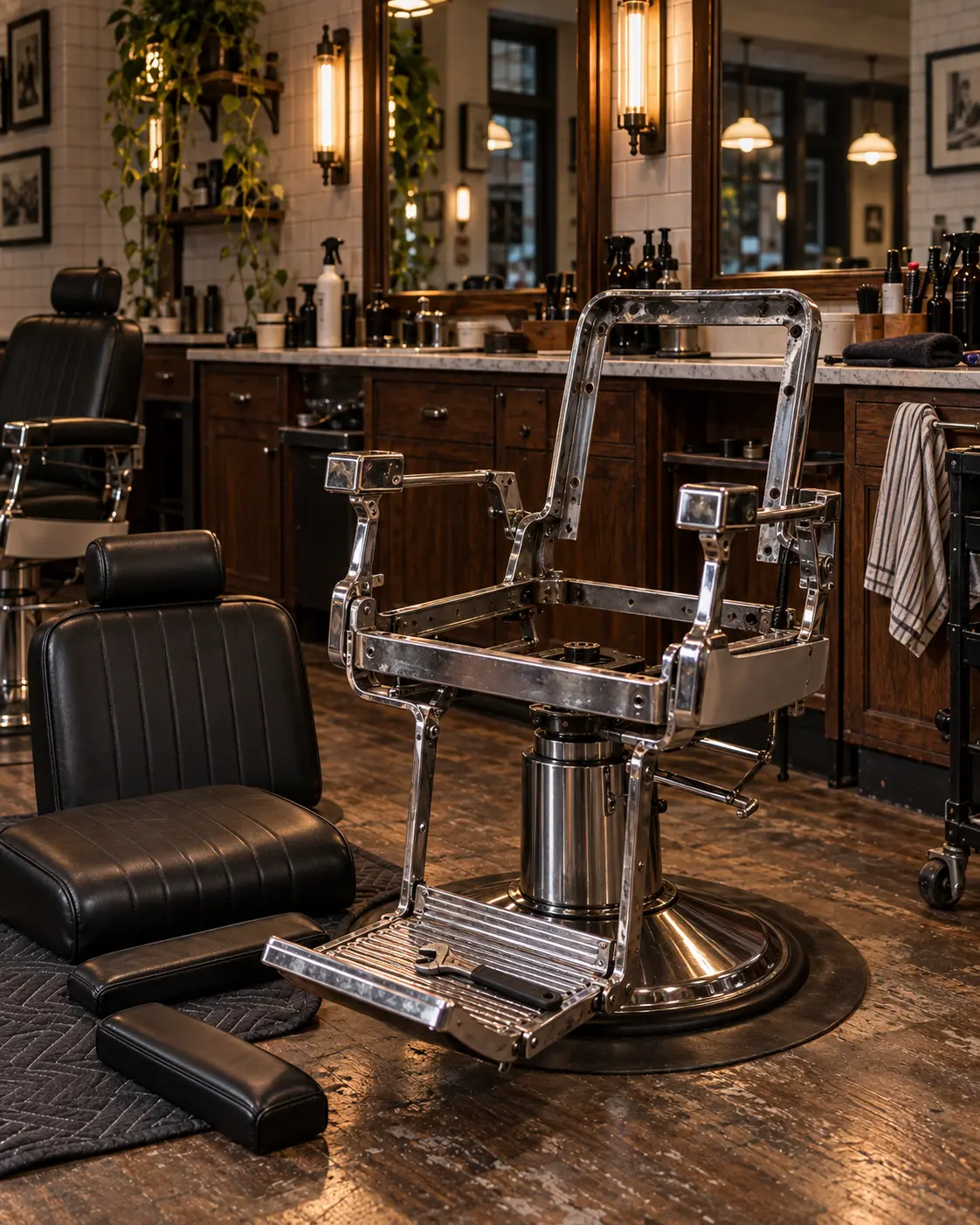 A black barber chair at its station with every pad removed and a wrench on the footrest