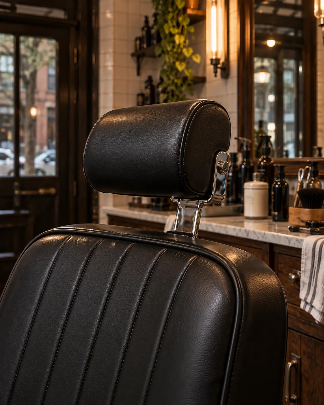 An adjustable black barber chair headrest on its chrome bar
