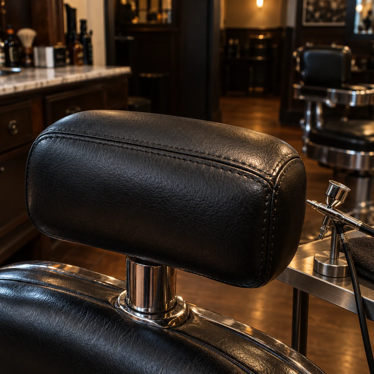 A headrest being recoloured by airbrush