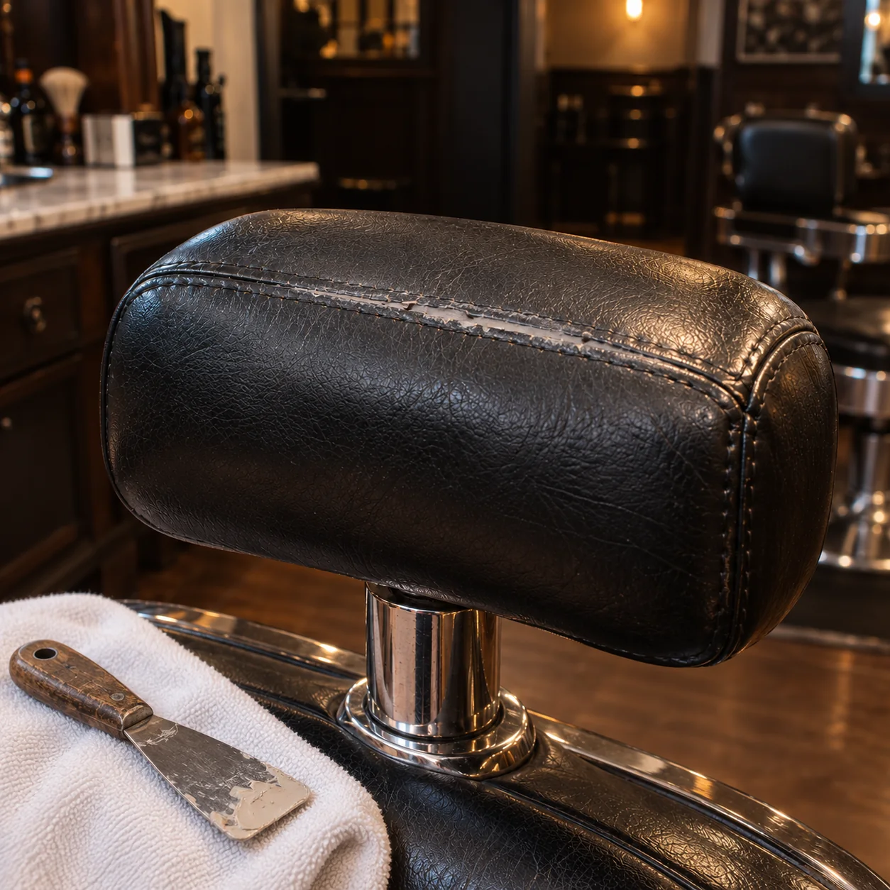 A headrest seam closed and repaired