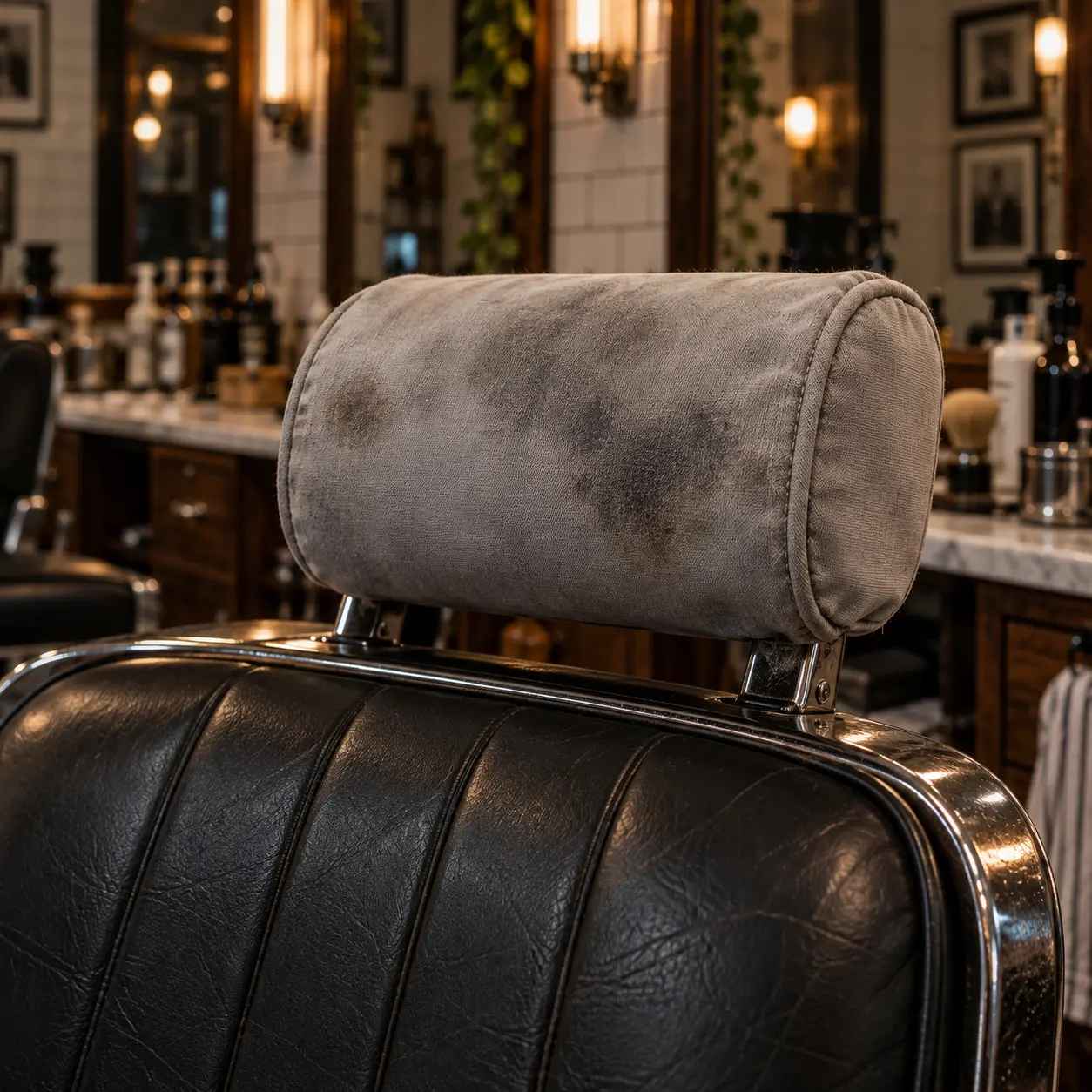 A barber chair headrest stained by hair product