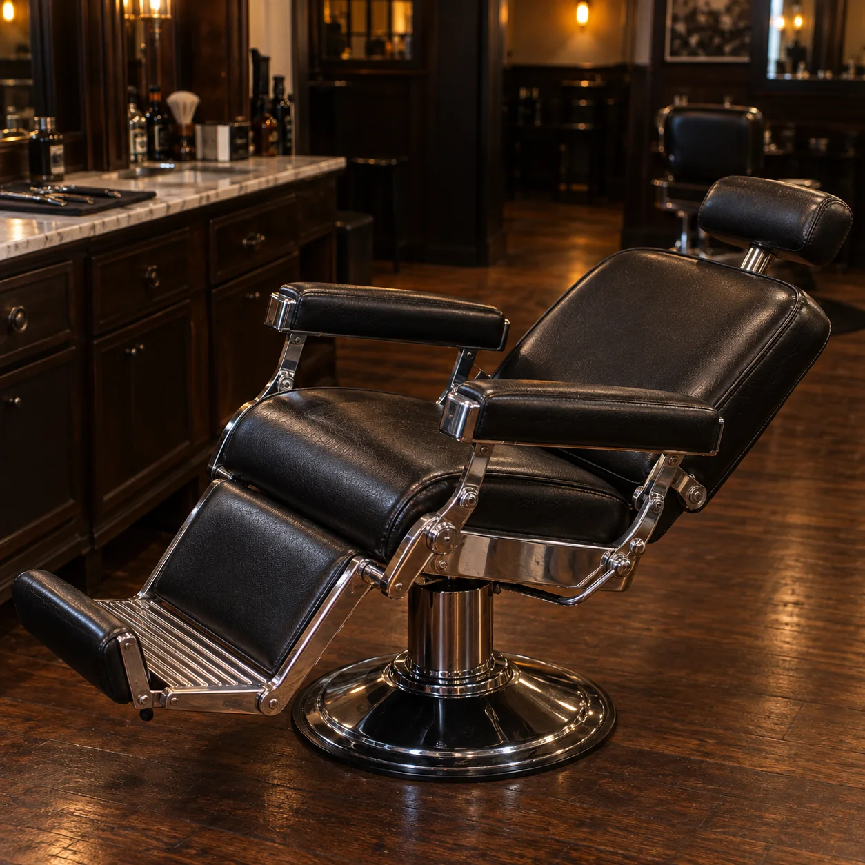 A barber chair reclined after repair