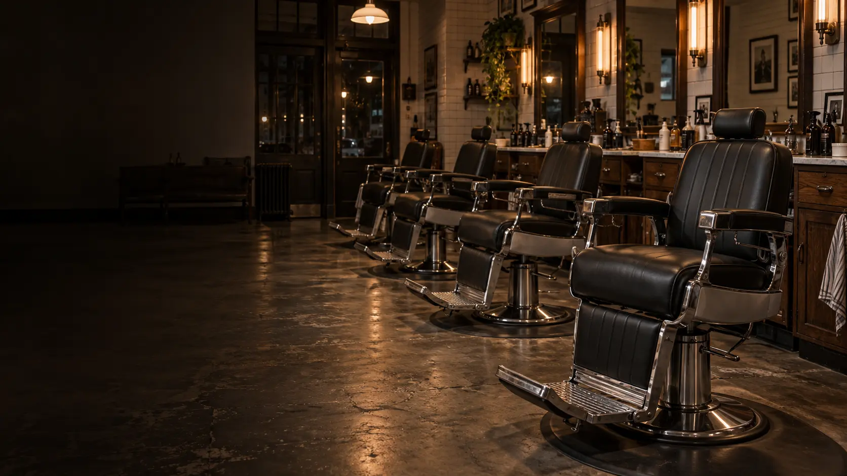 A row of barber chairs in a shop
