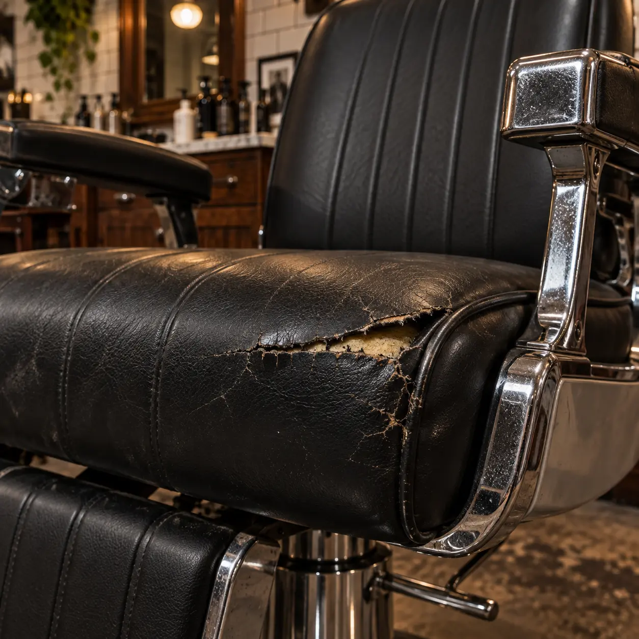 A cracked seat front edge on a barber chair