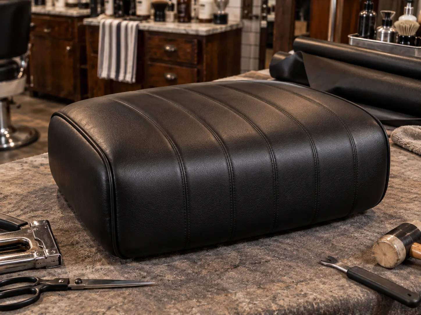 A barber chair seat fully recovered in new vinyl