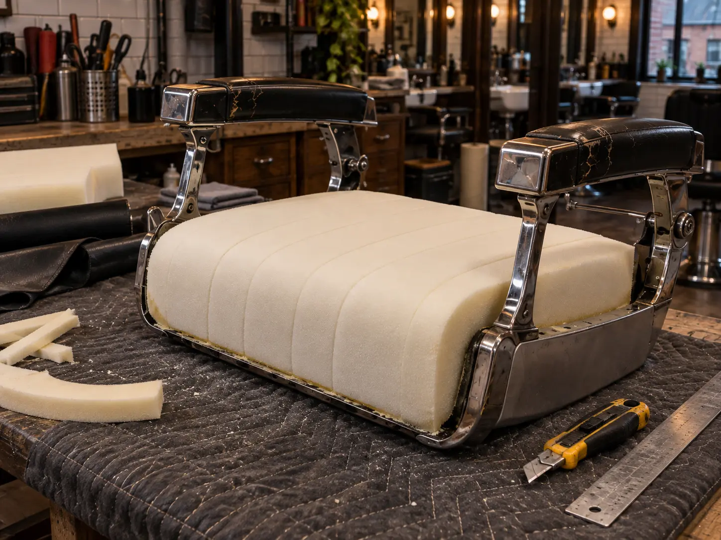 New foam glued and trimmed on a barber seat