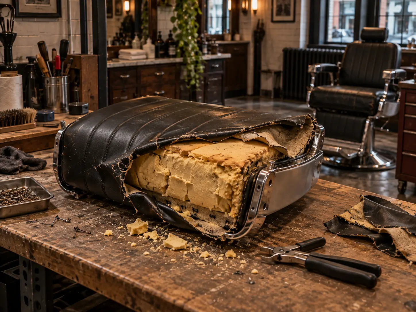 An old barber chair cover stripped back to foam