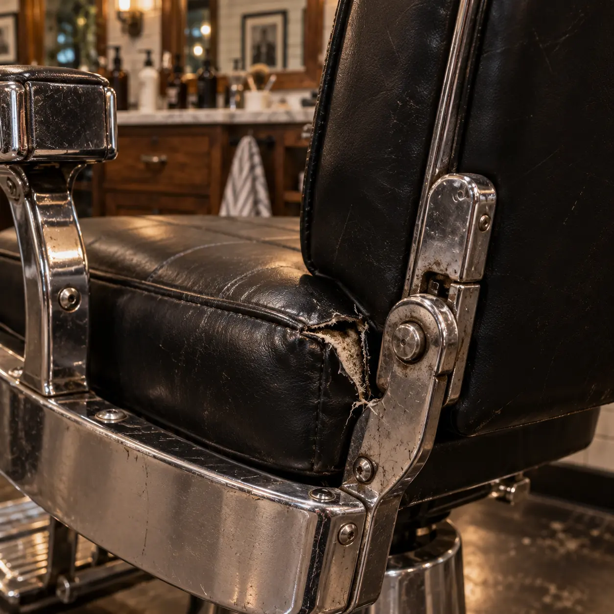 A barber chair seat torn at the recline hinge