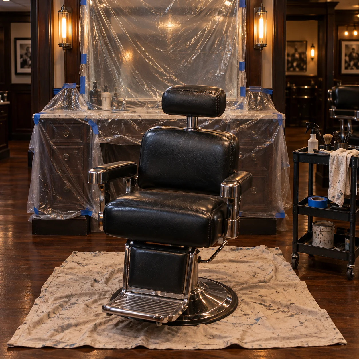 A barber chair masked off with a drop cloth for work