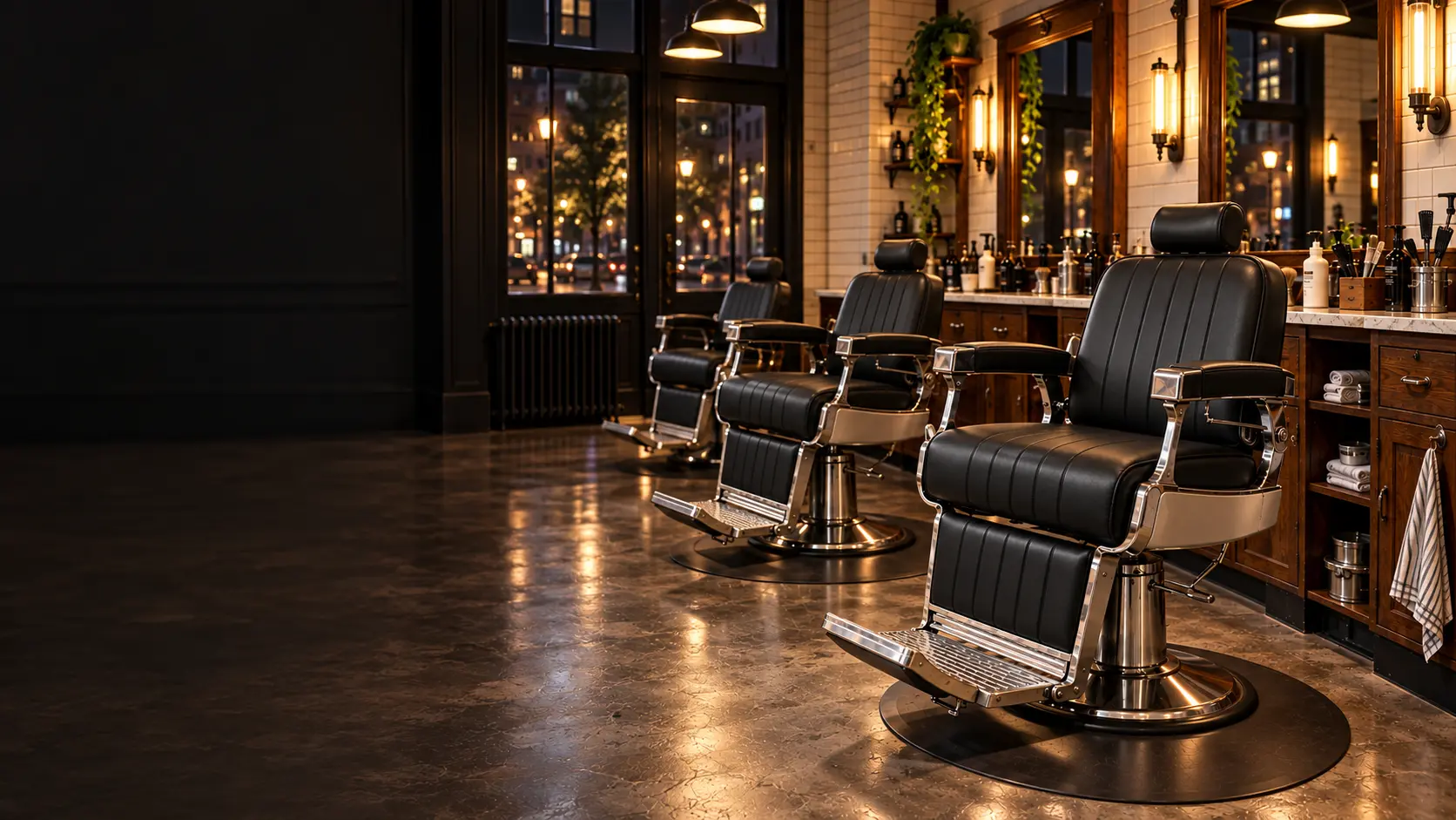 A closed barbershop with chairs ready