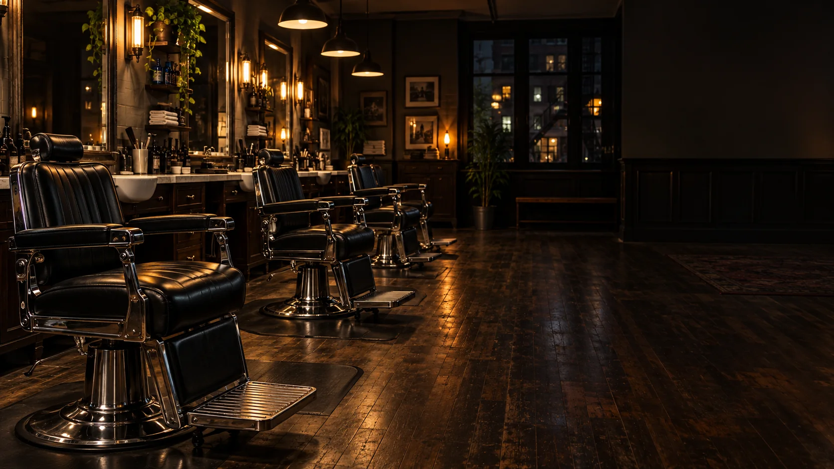 Empty barber chairs in a shop at evening