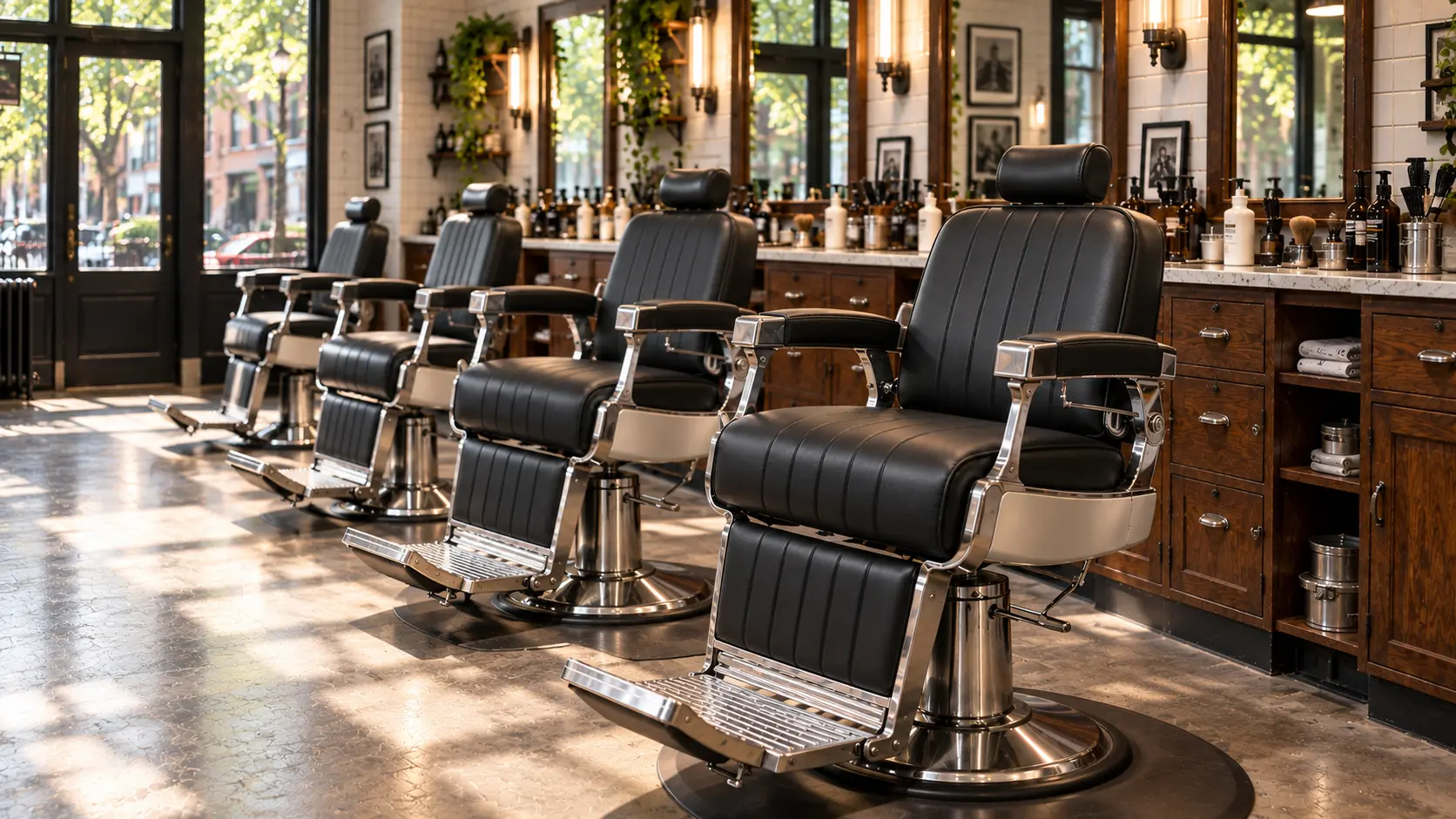 A row of black barber chairs in daylight