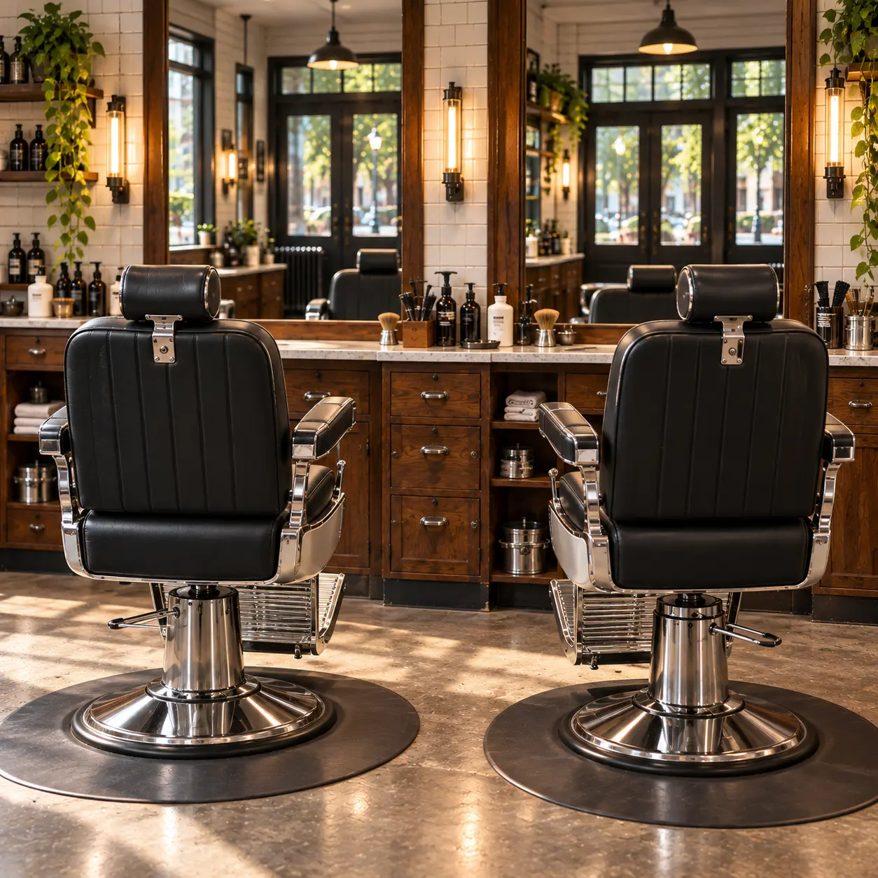Two recovered black barber chairs facing their mirrors