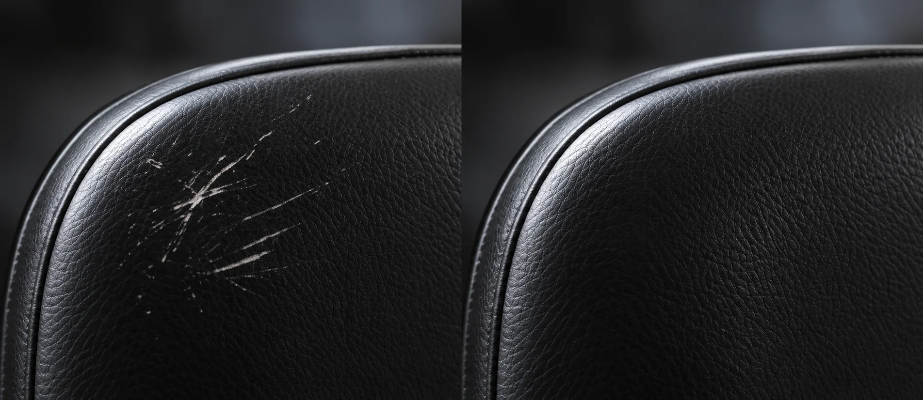 Black leather arm with a starburst scuff, then the same arm evenly refinished