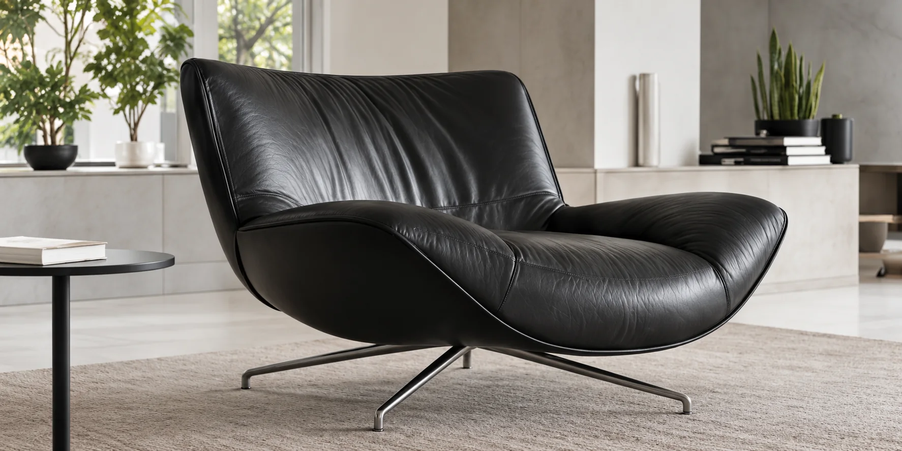 Black leather lounge chair on a polished swivel base