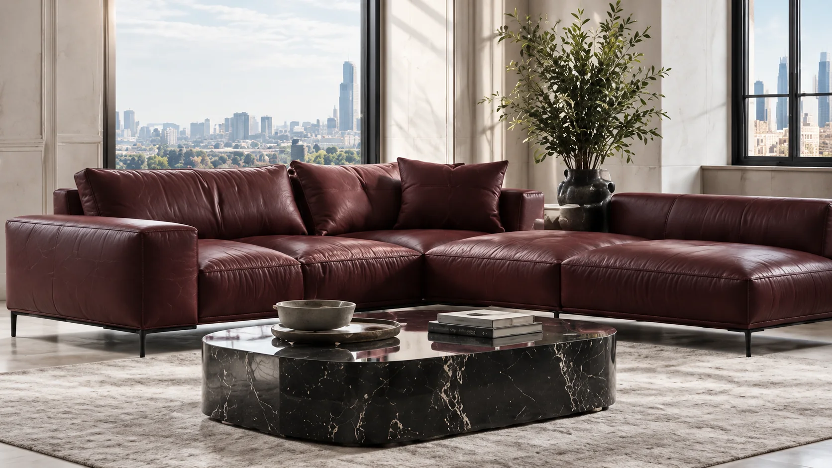 Burgundy leather sectional in a New York apartment with a skyline view