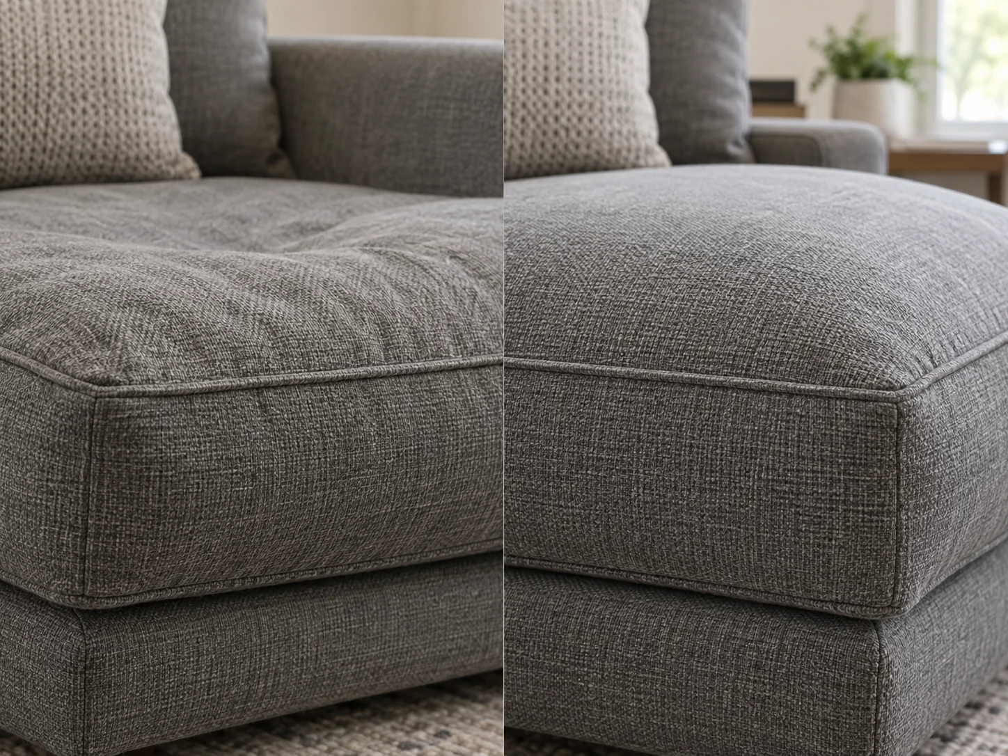 Grey woven seat cushion, collapsed and creased on the left, refilled and square on the right