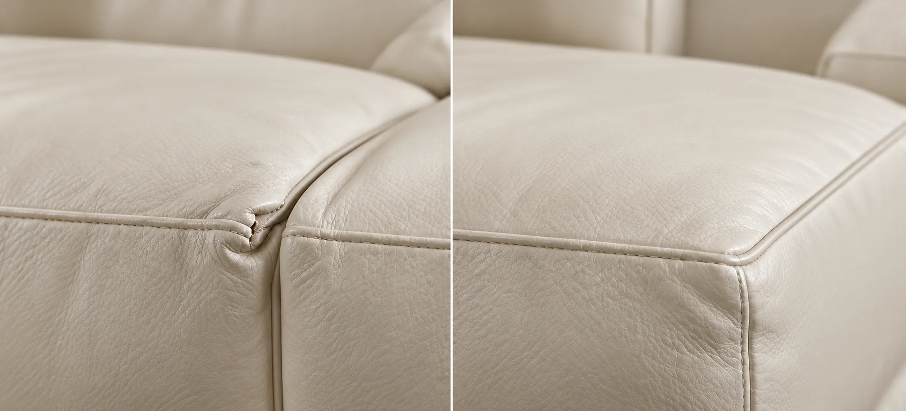 Cream leather corner seam puckered and pulled, then flat and re-piped