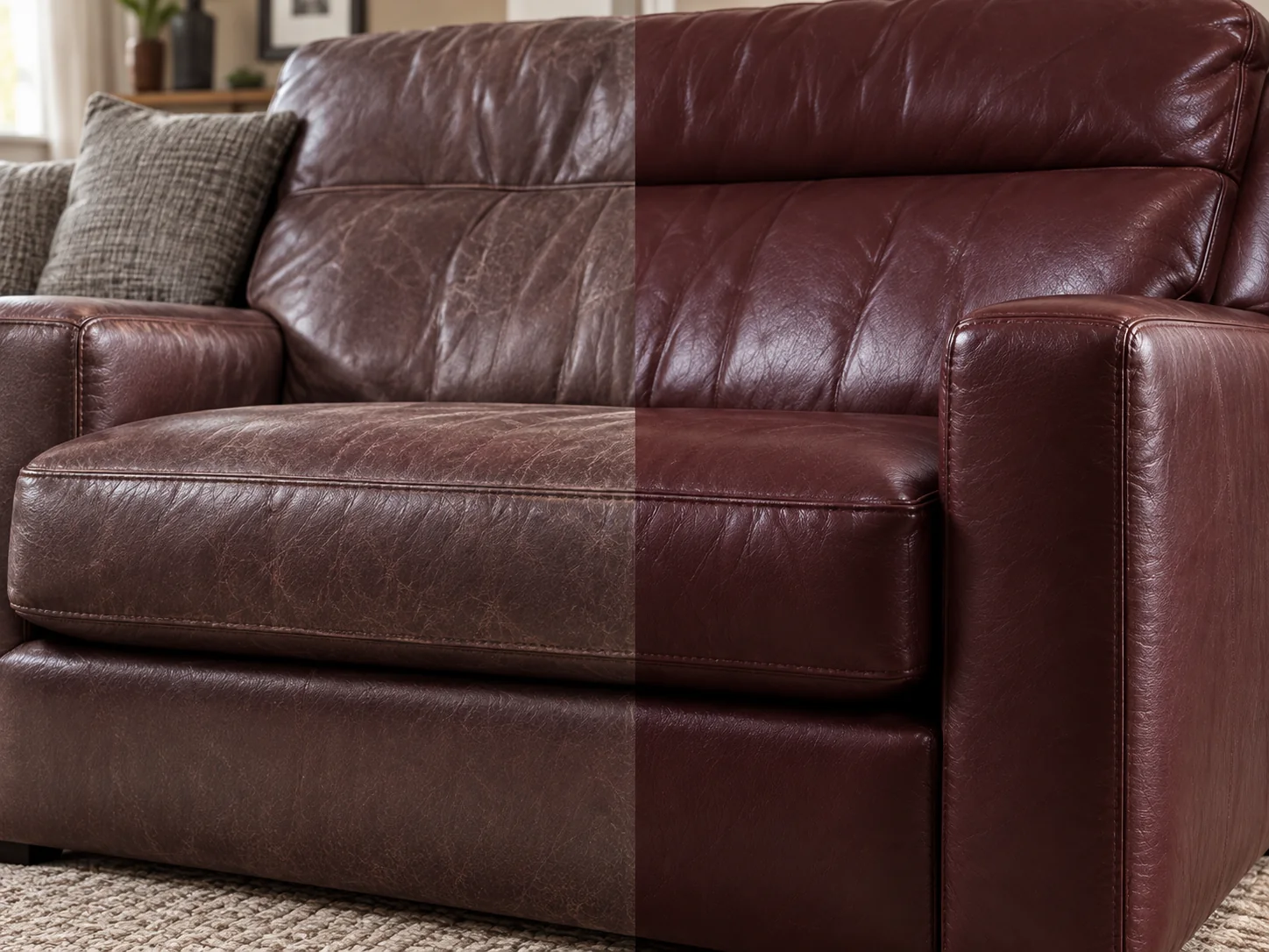 Burgundy leather sofa, faded and greyed on the left, colour restored on the right