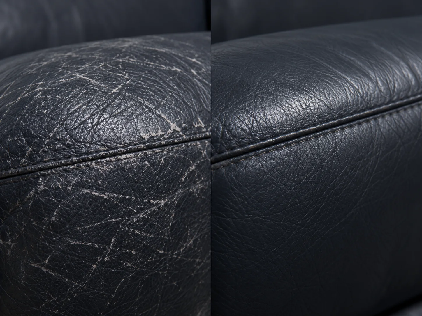 Black leather arm, scratched to a pale scuff on the left, evenly finished on the right
