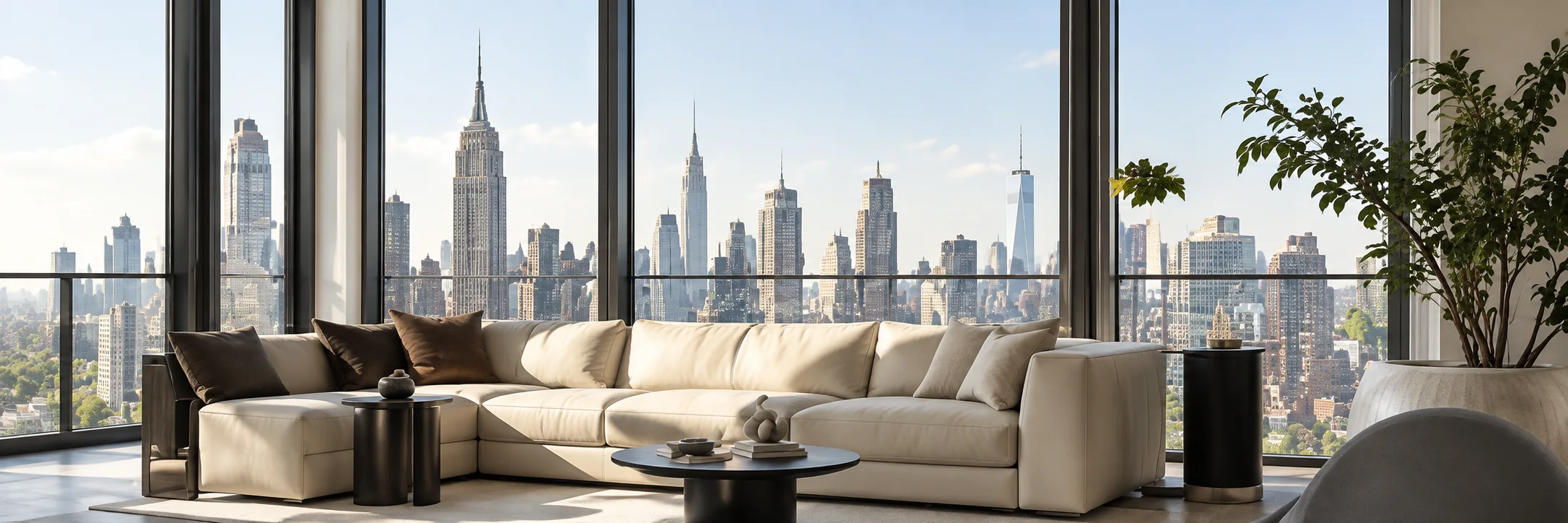 Cream leather sectional in a Manhattan apartment with the skyline behind