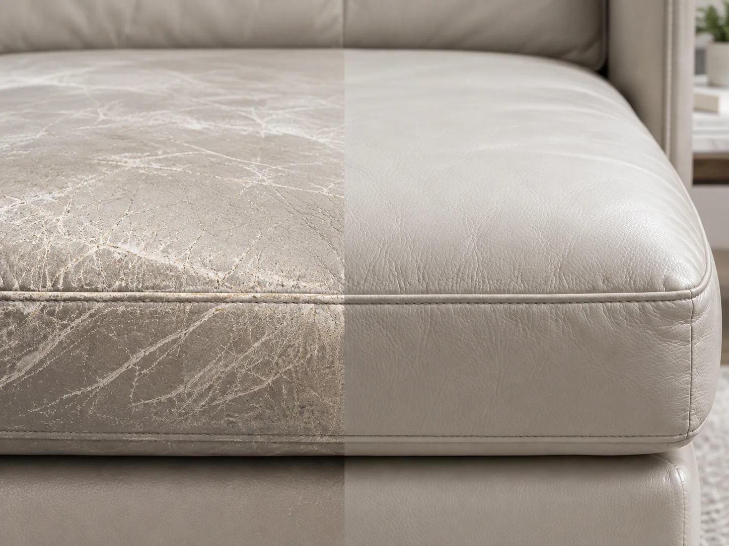 Ivory leather seat cushion, cracked and soiled on the left, smooth and even on the right