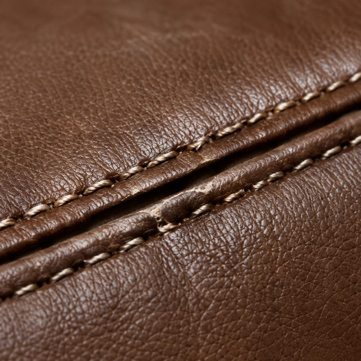 Split seam with stitching pulled through the leather