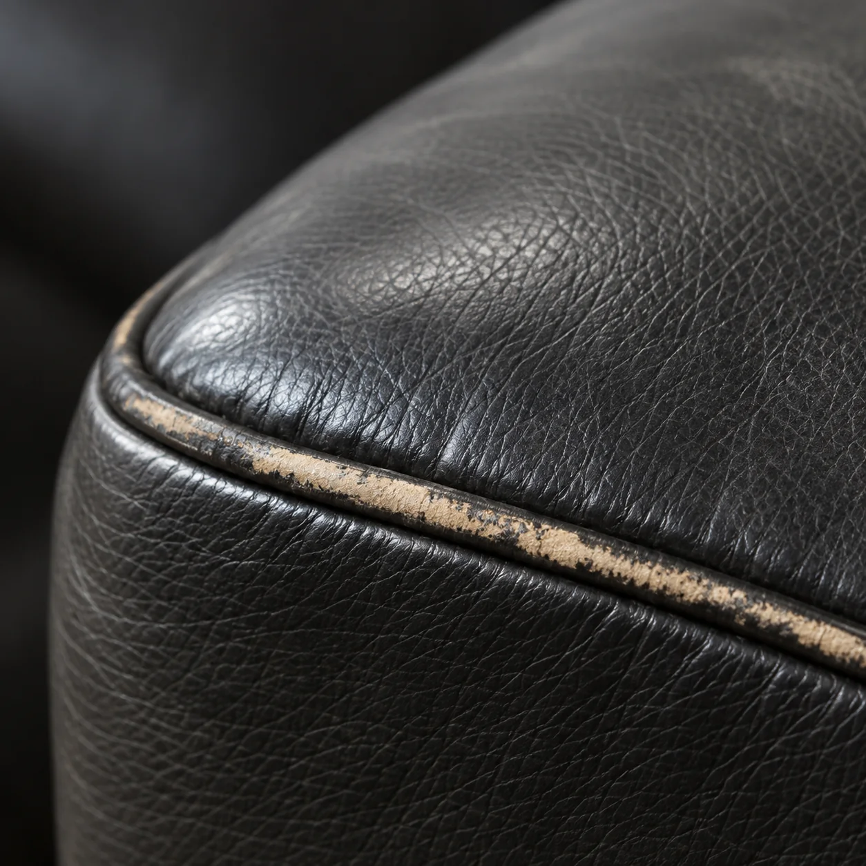 Black leather piping worn through to the pale core