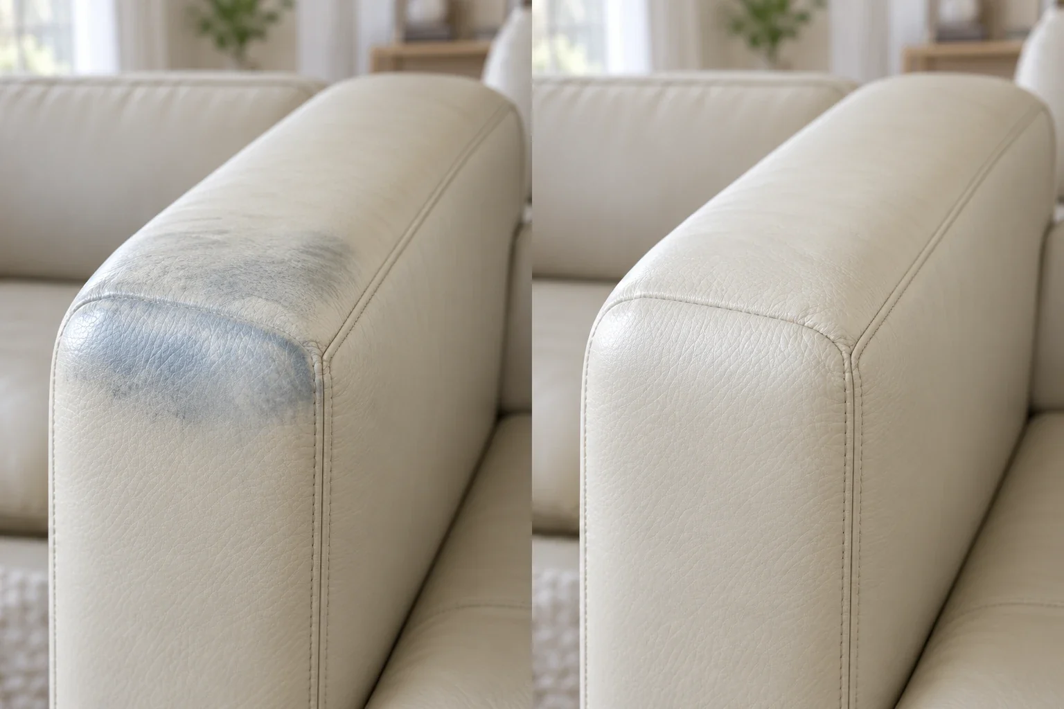 Old absorbed blue dye on a cream leather armrest, before and after treatment