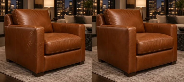 Cognac armchair, pets before and after leather scratch repair