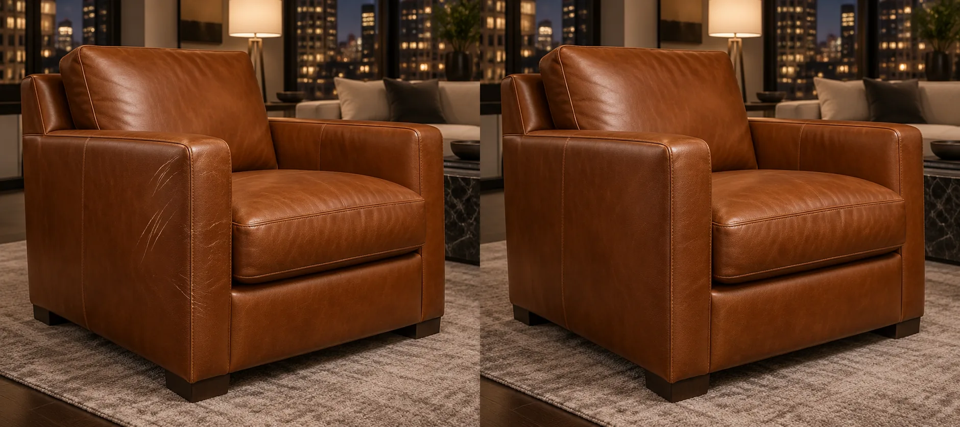 Pet scratches on an aniline armchair, and the same armchair repaired