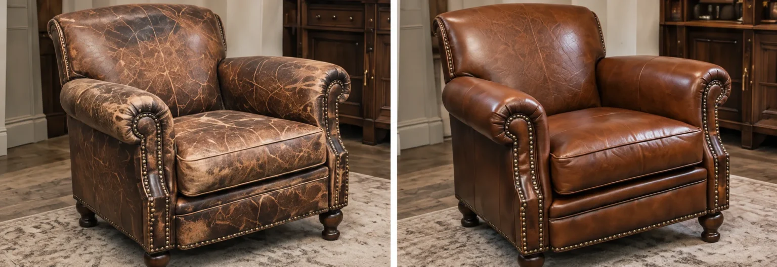 Antique leather armchair before and after restoration