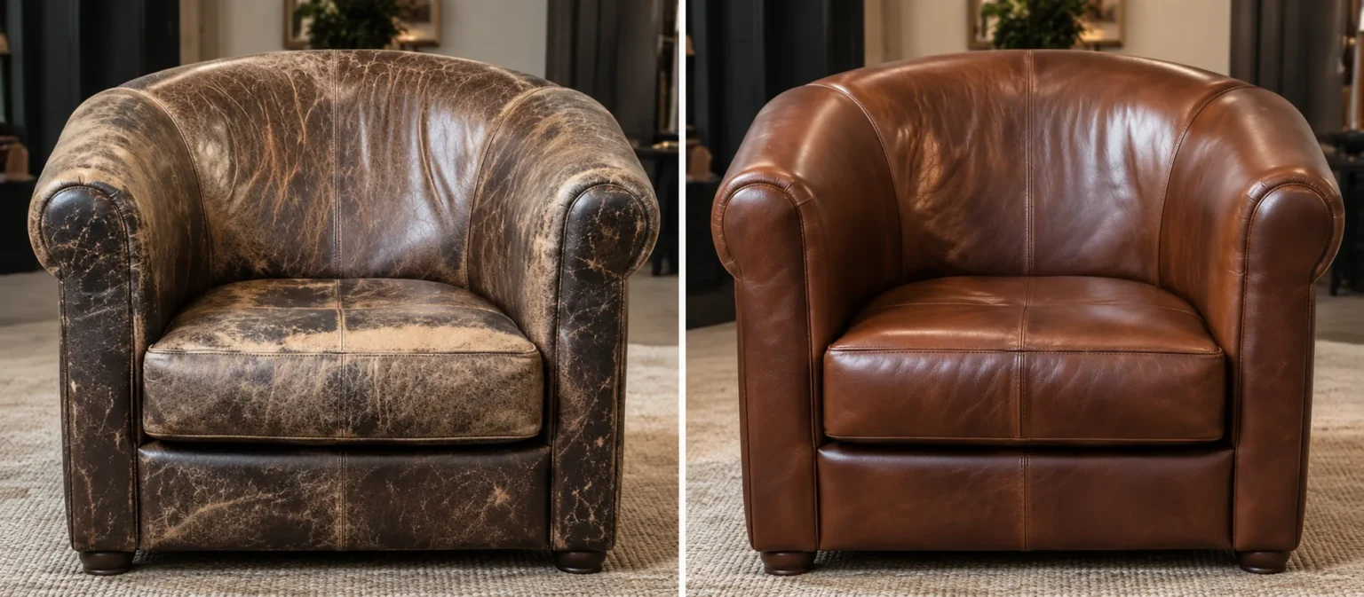 Antique leather club chair before and after restoration